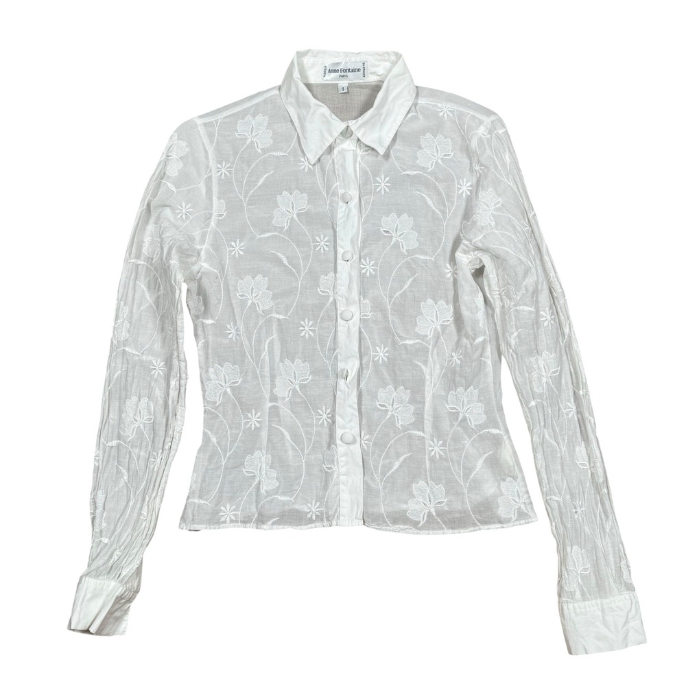 Anne Fontaine Button Up Floral White Blouse [Flaws] Sz 1 Made‎ in France
